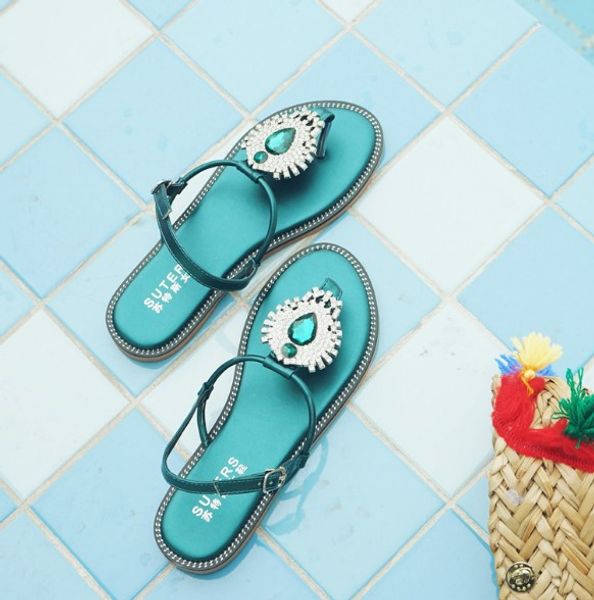 

brand design 2018 new large size flat sandals flat with rhinestones summer women's sandals rome shoes clip toe sandals sandal cs08, Black