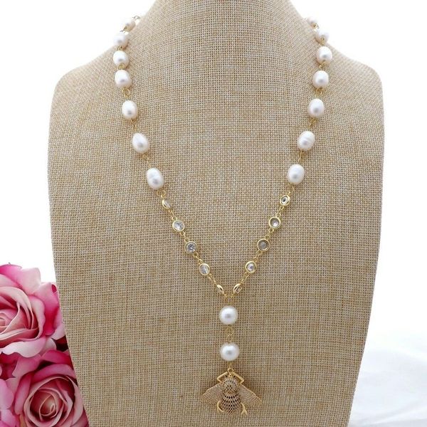 

k082106 22" белый рис жемчужное ожерелье cz проложить пчелиный кулон, Silver