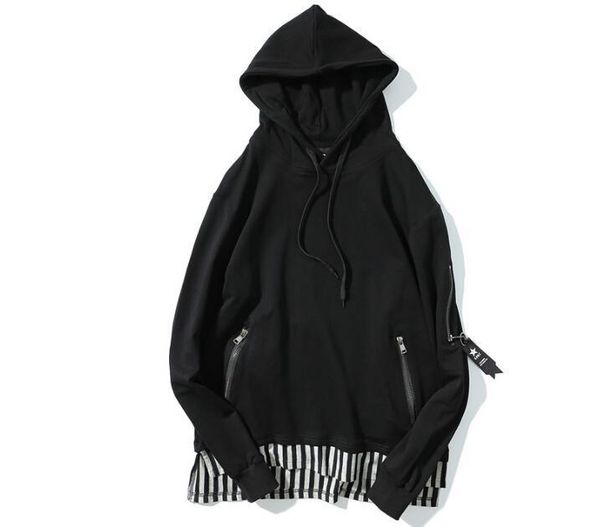 

men oversize black hoodies fake 2pcs hooded striped design high street pullovers long patched sweatshirts men clothing