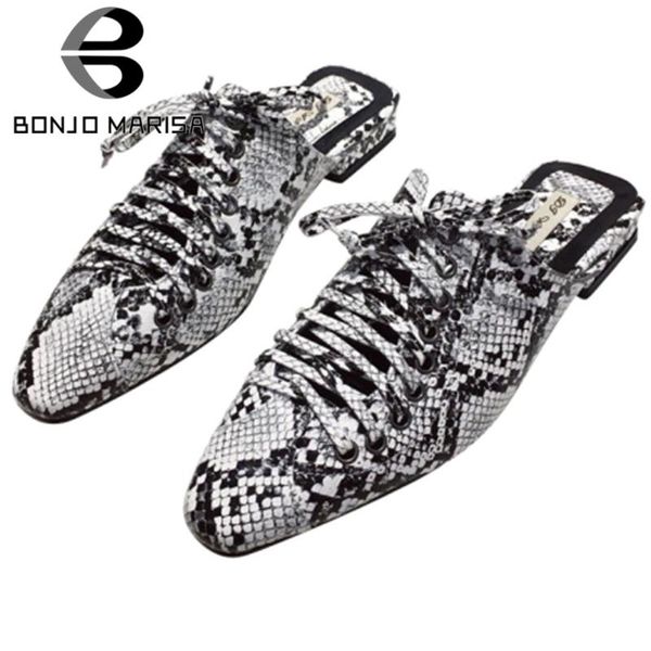 

bonjomarisa consise female summer pumps pointed toe snake print lace up low heel pumps women casual square heel shoes woman, Black
