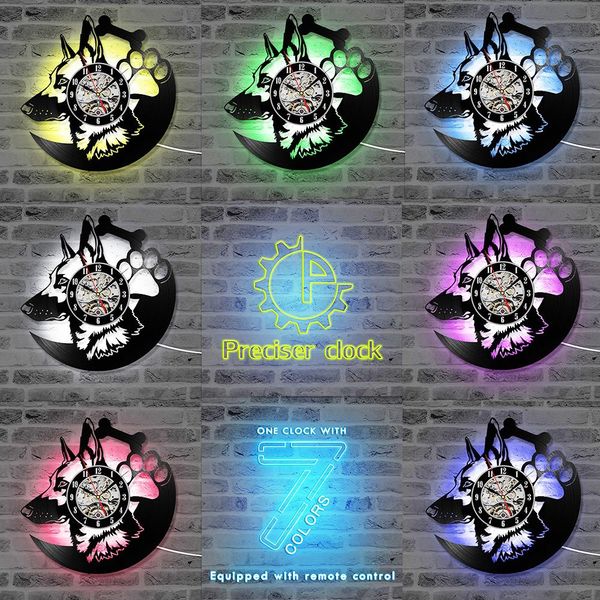 

german shepherd dog record clock led clocks for living room vinyl record hanging clock lighting amimal silhouette room decor