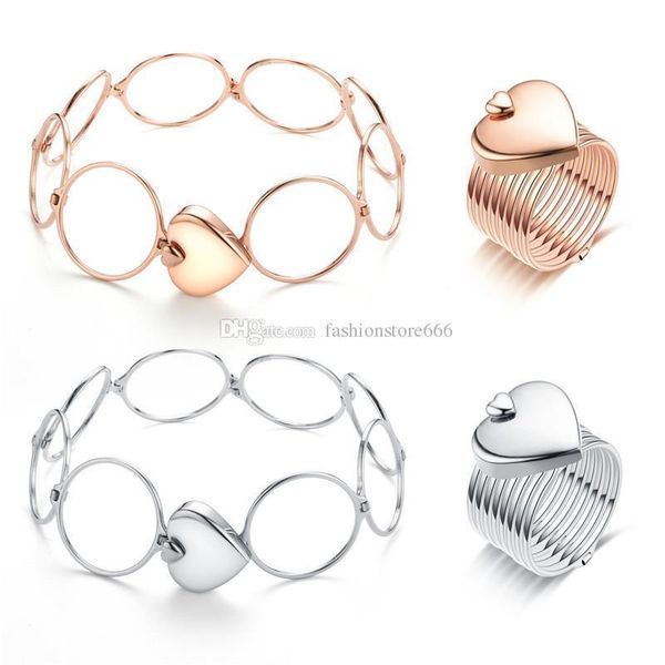 

wedding love rings for women girls stainless steel telescopic ring and bracelet 2 in 1 rose gold silver gold heart jewelry wear