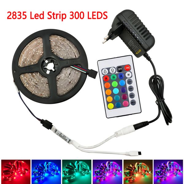 

ip65 waterproof 2835 rgb led strip lights 5m 12v rgb led strip tape kit 24 44key remote controller 12v eu us plug power adapter full set