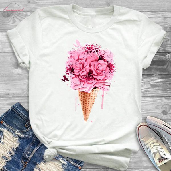 

women shirt ladies female flower ice creative t womens fashion t shirt graphic short sleeve summer printed tshirt, White