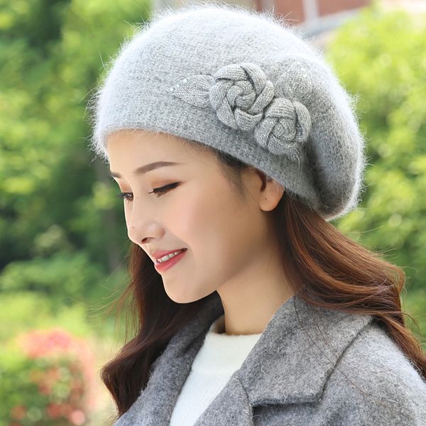 

beret winter hat women angora autumn knit beanie warm thick flower double layers snow skiing outdoor accessory female, Blue;gray