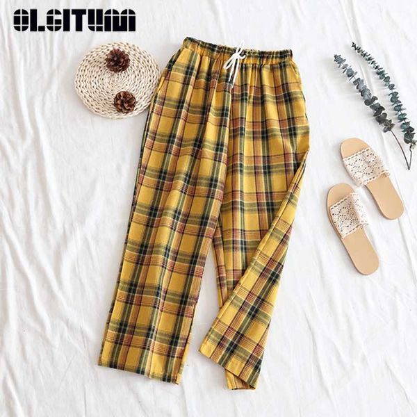 

новые 2019 лето повседневный стиль женщины желтые штаны высокой талией кулиской плед широкий ноги брюки хлопка pant bottom pt177, Black;white