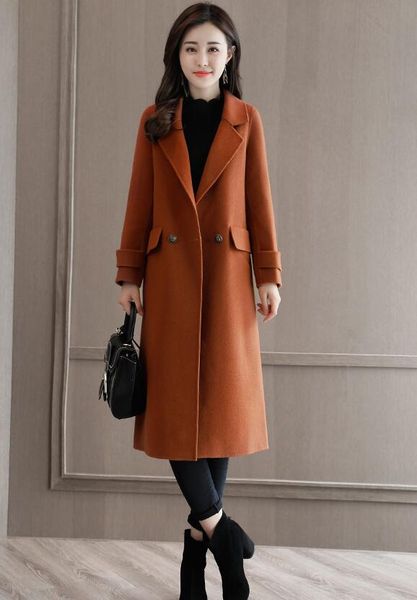 

2019 осень зима полушерстяные пальто женщины с длинным рукавом отложным воротником куртка повседневная шерстяные пиджаки твердые пальто, Black