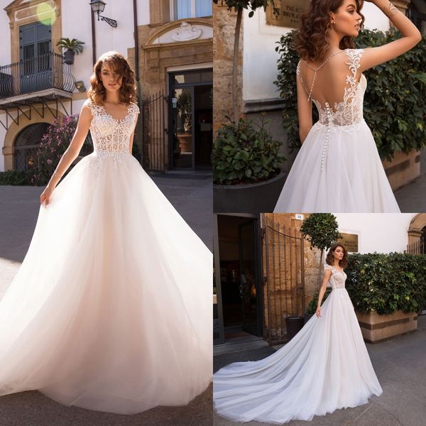

lussano 2019 new wedding dresses v neck lace appliques bridal gowns backless sweep train a line wedding dress robe de mariÃ©e, White