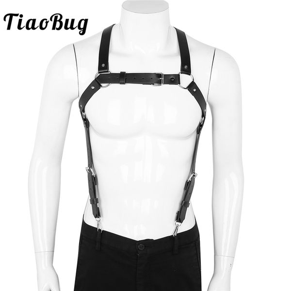 

tiaobug punk gothic men pu leather x back body chest harness suspender bondage belt male club festival rave costume, Red;black