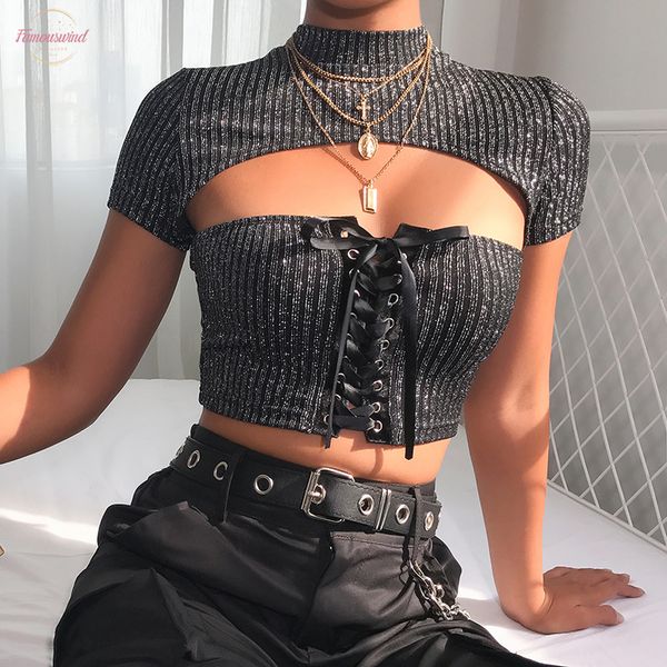 

cut out slim tee female glamorous black short sleeve shirt femme summer 2020 criss cross bandage t shirt, White