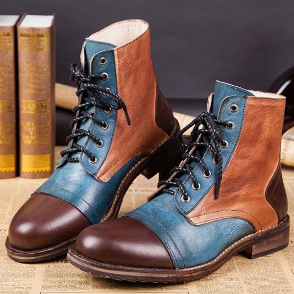 

new genuine leather motorcycle men's shoes casual shoes fashion cowboy botas lace high ankle boots men ing, Black