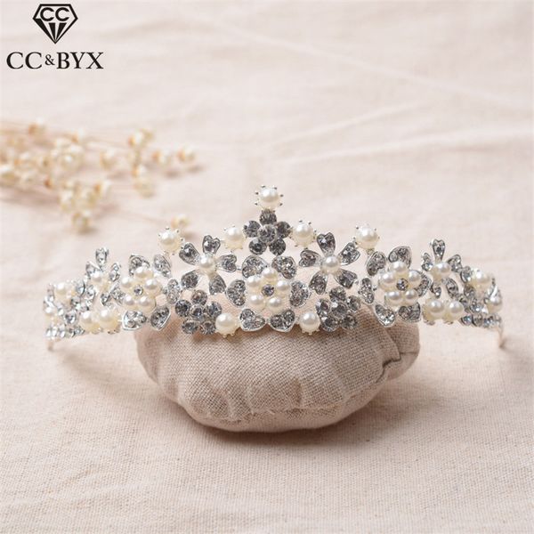 

cc tiaras and crowns pearl cz sweet princess engagement wedding hair accessories for bridal jewelry crystal flower shape hg032, Golden;white