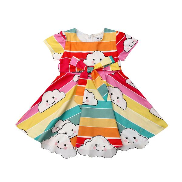 

pudcoco 2019 summer toddler kids baby girl clouds rainbow princess party dress sundress clothes striped colourful clothing, Red;yellow