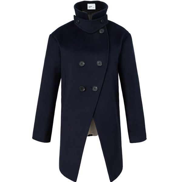 

мода стенд воротник шерстяных пальто женщин двубортный средней длины осень зима пальто, Black