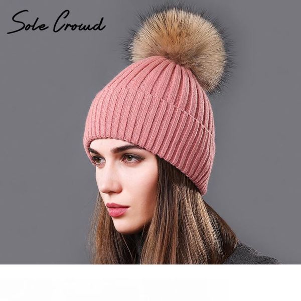

sole crowd] real natural raccoon fur pom poms hats for women autumn winter warm knitted caps girls beanies fashion female hat, Blue;gray