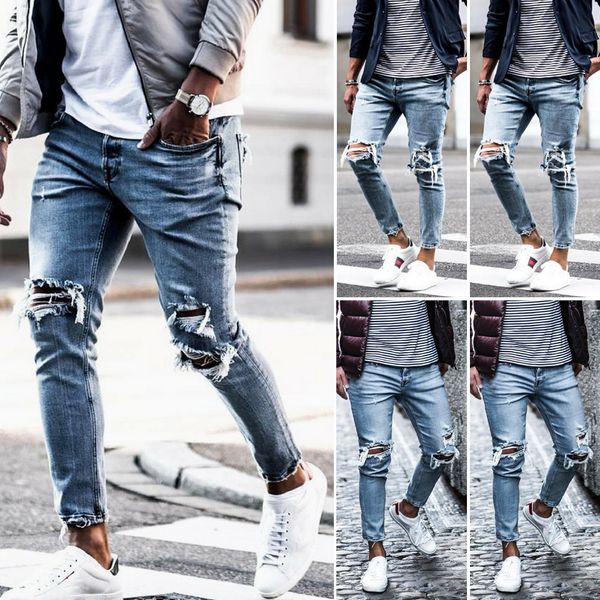 

мужские разорванные тощие байкер джинсы разрушенные брюки изношенные тонкий джинсовые брюки сша, Blue