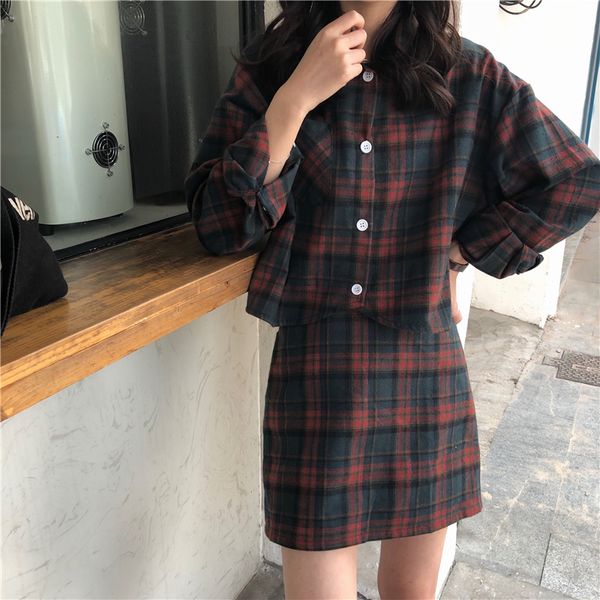 

college style japanese harajuku outfit cute polo vintage plaid full sleeve shirt high waist a-line slim skirt kawaii sweet suit, White