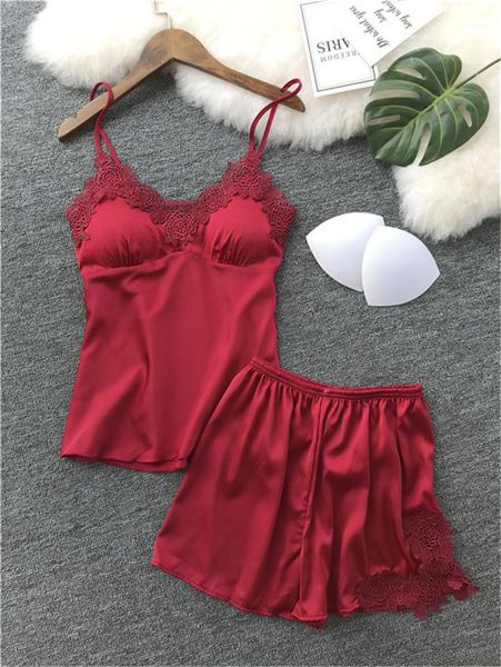 

womens lace v neck sleepwear fashion thin ladies solid color underwear camisole short pants pajama sets, Black;red