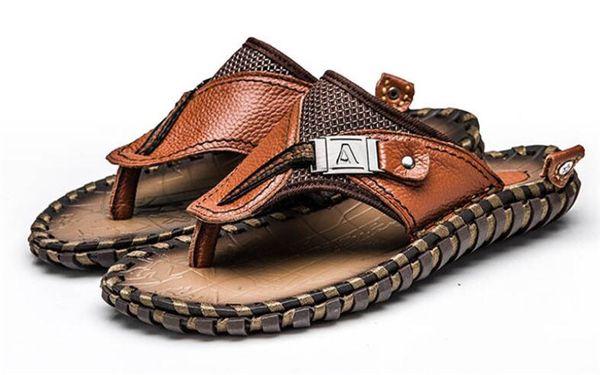 

brand summer men fashion shoes new 2018 big size 48 men's slippers genuine leather luxury slippers beach casual sandals, Black