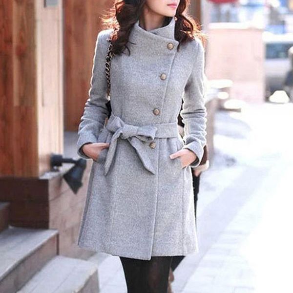 

2019 new women woolen overcoat long sleeve coat fashionable autumn winter jacket slim fit with belt, Black