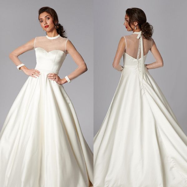 

a line grace philips dresses high neck long sleeve satin lace ruched crystal wedding gown sweep train robe de mariÃ©e, White