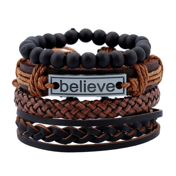 

4pcs mens bracelets leather multilayer rope believe braided jewelry bracelet, Golden;silver