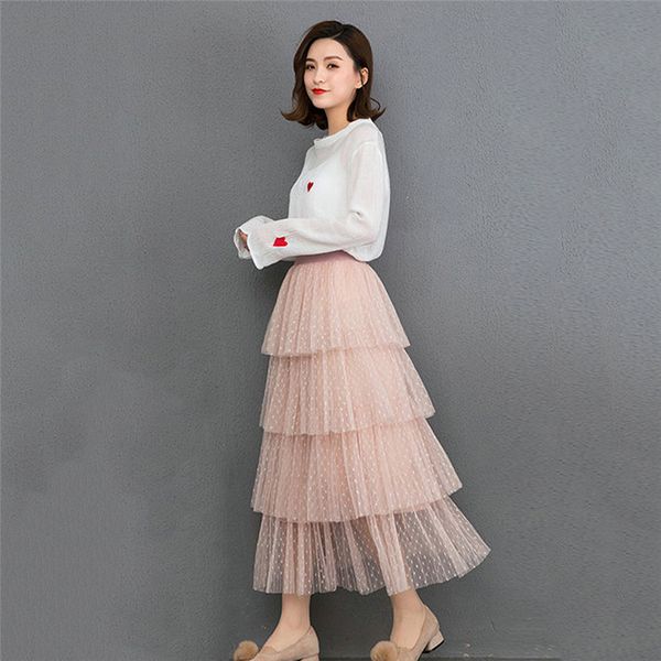 

2019 fashion women high waist pleated tulle layer long skirt a line summer tutu ball gown party skirts femme streetwear, Black