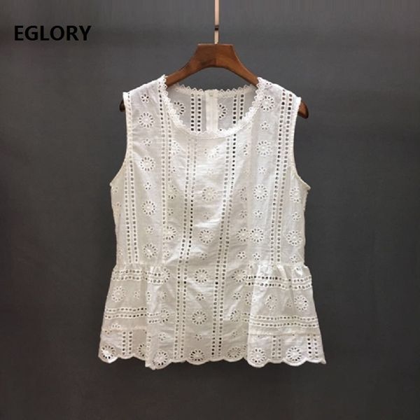 

blue white 2019 summer fashion ladies o-neck hollow out embroidery sleeveless vintage blouse female elegant blusas