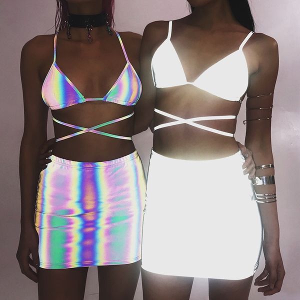 

Women Silver Sexy Suits Summer 3M Reflective Designer Bras Skirts 2pcs Clothing Set Hiphop Evening Club Dressing Suits