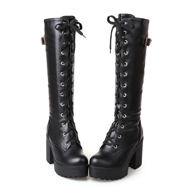 

spring autumn lacing knee high boots women lady high heel leather thick platform knee square heel boot snow booties shoes, Black