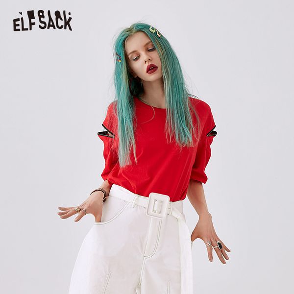 

elf sack cotton women fashion zipper streetwear red female t-shirt loose o-neck casual femme tee 2019 oversized clothing, White