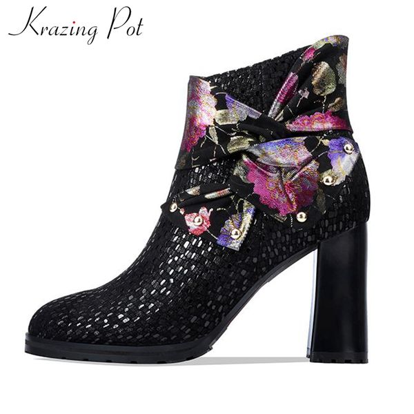 

krazing pot mixed colors print sheep leather round toe super high heels side zipper winter mature gorgeous women ankle boots l59, Black