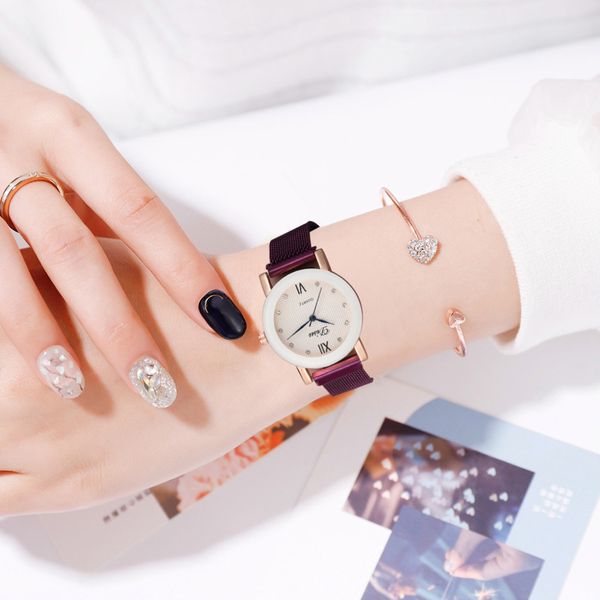 

mesh steel strip quartz watches women watch simple rome rhinestone dial wrist watches gift clock relogio 2019, Slivery;brown