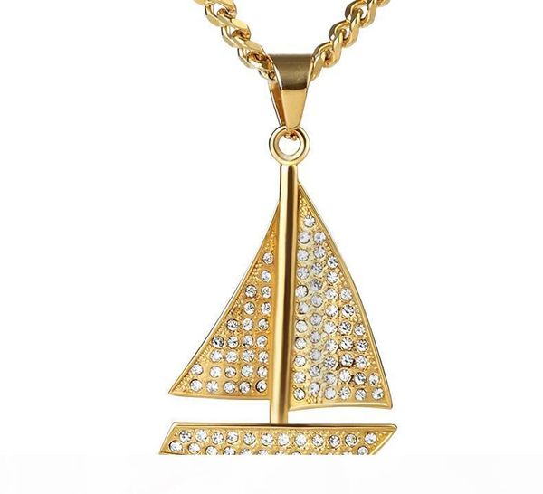 

hip hop bling iced out crystal sailing necklaces & pendant gold 316l stainless steel dog tag necklace for men jewelry, Silver