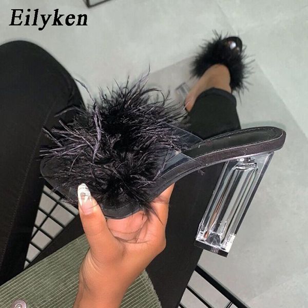 

eilyken fashion design furry open toe slippers clear crystal high heels women shoes square heel transparent female sandals, Black