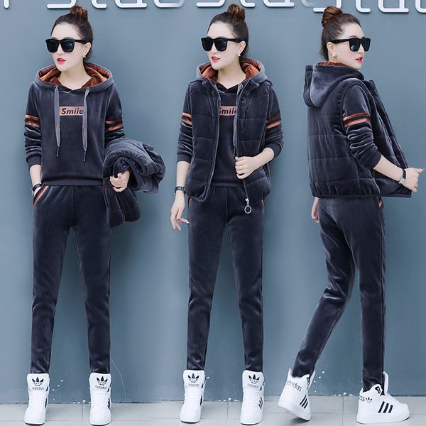 

3pcs winter thick velour women sport suit tracksuits warm coat jacket+hoodie+pant casual jogger running outfit set sport suit, Black;blue