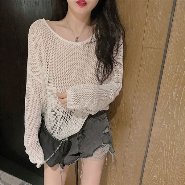 

womens dresses french-style design sense niche machine backless pearl loose korean-style perspective hollow long-sleeved sweater womens, White