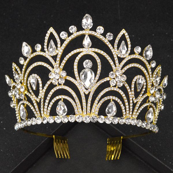 

luxury european bridal comb crown baroque wedding gold and silver hair accessories princess banquet rhinestone headdress, Golden;white