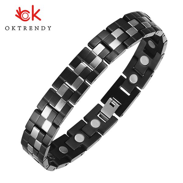 

oktrendy healthy pure titanium therapy magnetic bracelet bangle relieve difficulty sleeping benefits of magnet bio energy stone, Black