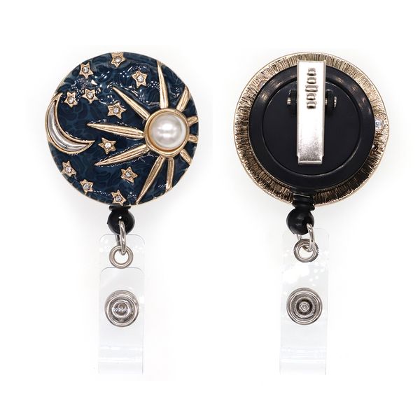 

1pc /5pcs /10pcs rhinestone key rings enamel round shape moon star badge reel retractable id badge holder for nurse doctor hospital, Slivery;golden