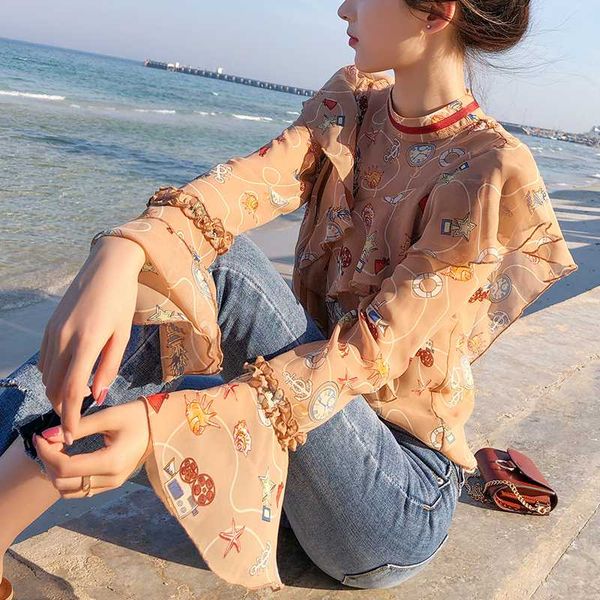 

female 2020 fashion new spring summer women's flounce shoulder lantern sleeve o-neck casual chiffon blouses vestidos, White