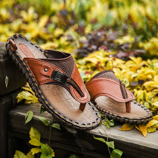 

large size 38-48 outdoor 2020 fashion men's shoes summer handmade beach shoes male men sandals flip-flops leather sandals men, Black