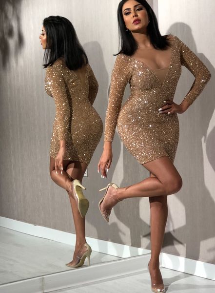 

Elegant Gold Short Evening Formal Dresses 2019 Sequined Cocktail Dress Long Sleeve Evening Gowns Evening Wear robe de soiree Abendkleider