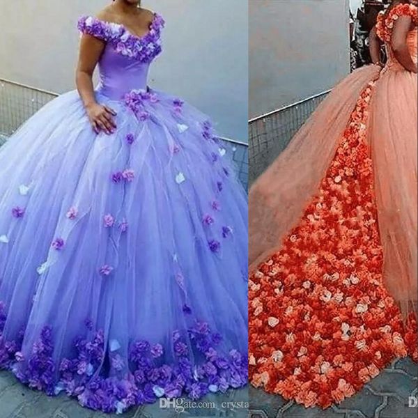 Wunderschöne billige orange lila quinceanera kleider kugelkleid von schulter 3d Blumen süße 16 Sweep -Zug -Größen Partyabendkleider