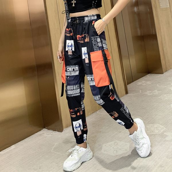 

cargo pants women with print wide leg trousers high street punk female breeche harajuku harem pant pantalon cargo femme, Black;white