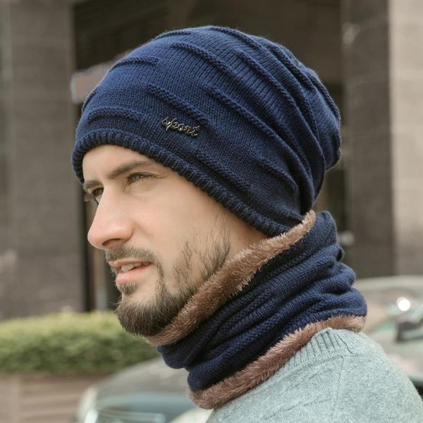 

winter scarf set solid skullies knit hat warm hedging cap thick velvet mask bonnet beanie men fashion casual neck guard