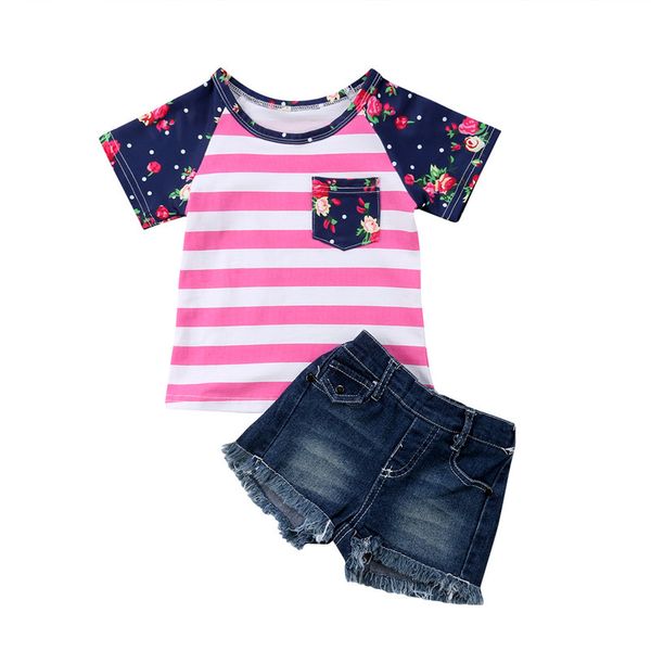W435 Set di vestiti per neonate estivi T-shirt a righe floreali a maniche corte per bambini + pantaloncini di jeans 2 pezzi Abiti per bambini