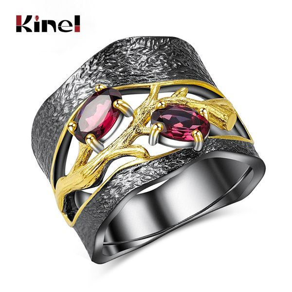 Vintage nupcial anel de casamento afortunado árvore punk arma preto mosaico vermelho zircon dedo de pedra anéis para mulheres dropship