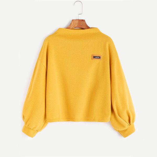 

dotfashion funnel neck lantern sleeve patch solid sweatshirt women new kawaii autumn yellow pullovers sweatshirt fashion elastic, Black