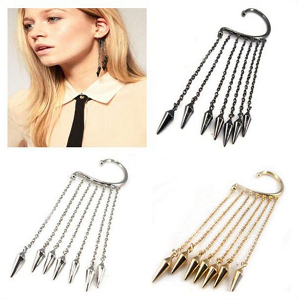 

girl stylish punk rock rivet chain tassel dangle ear cuff earring for women gothic ear clip clamp, Silver